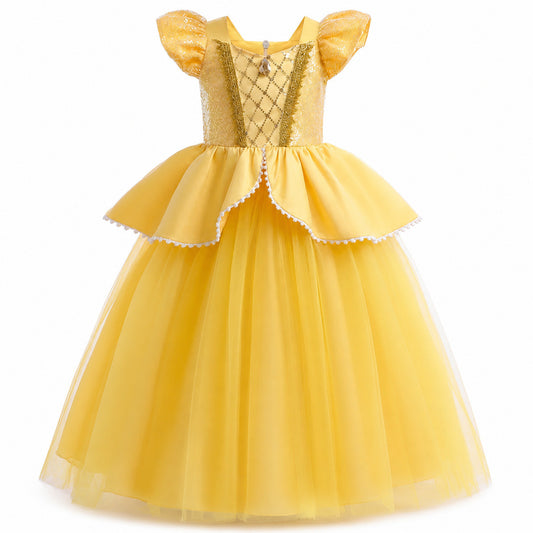 Girls Belle Princess Dress Beauty and the Beast Sequin Tulle Gown Kids Birthday Halloween Cosplay Party Dress - Color:A