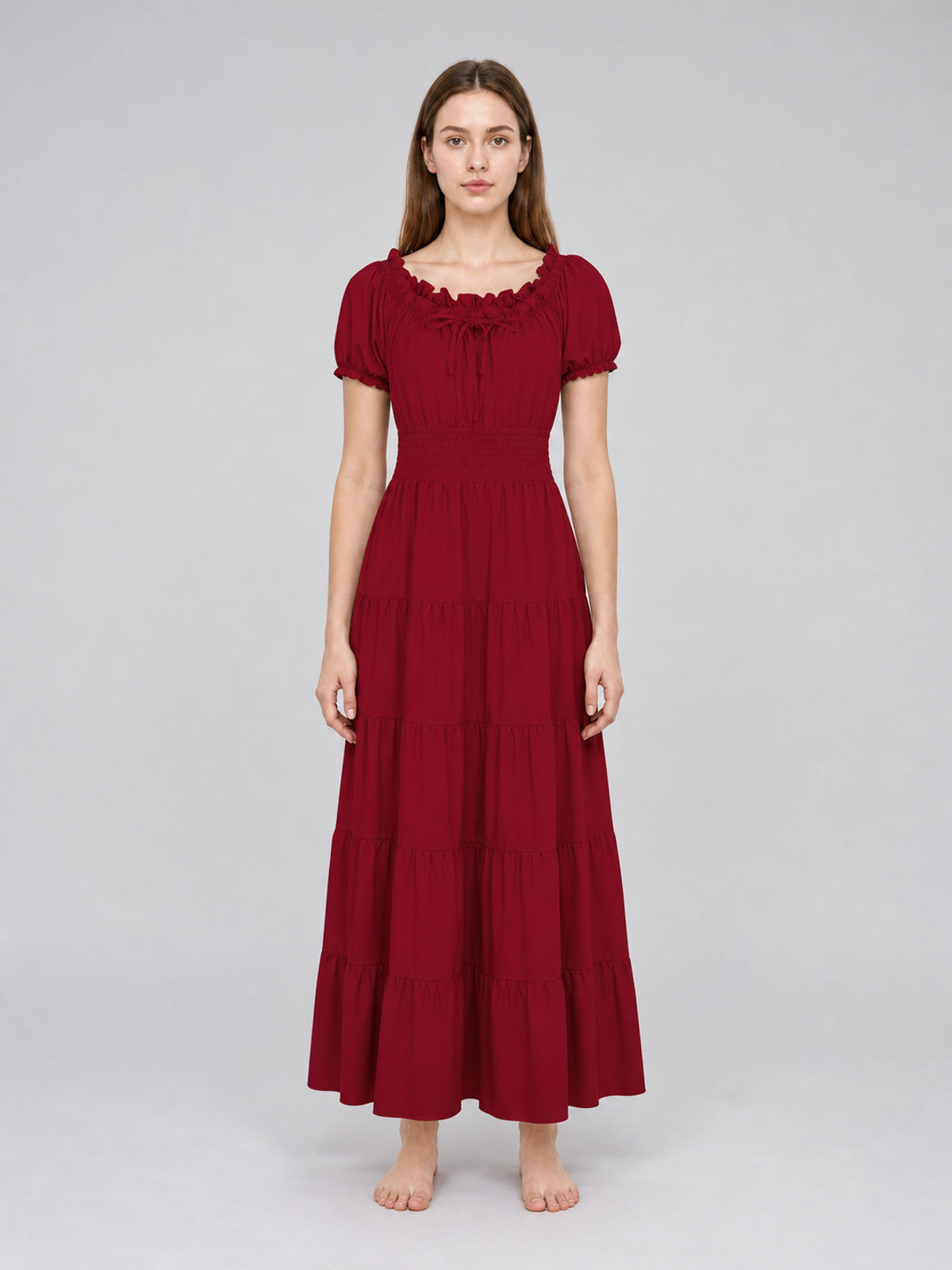 Burgundy Renaissance-Style Maxi Dress front view
