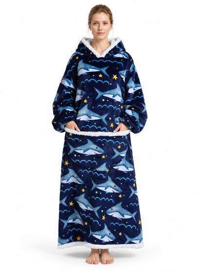 Flannel hooded blanket hoodie with a shark print front view