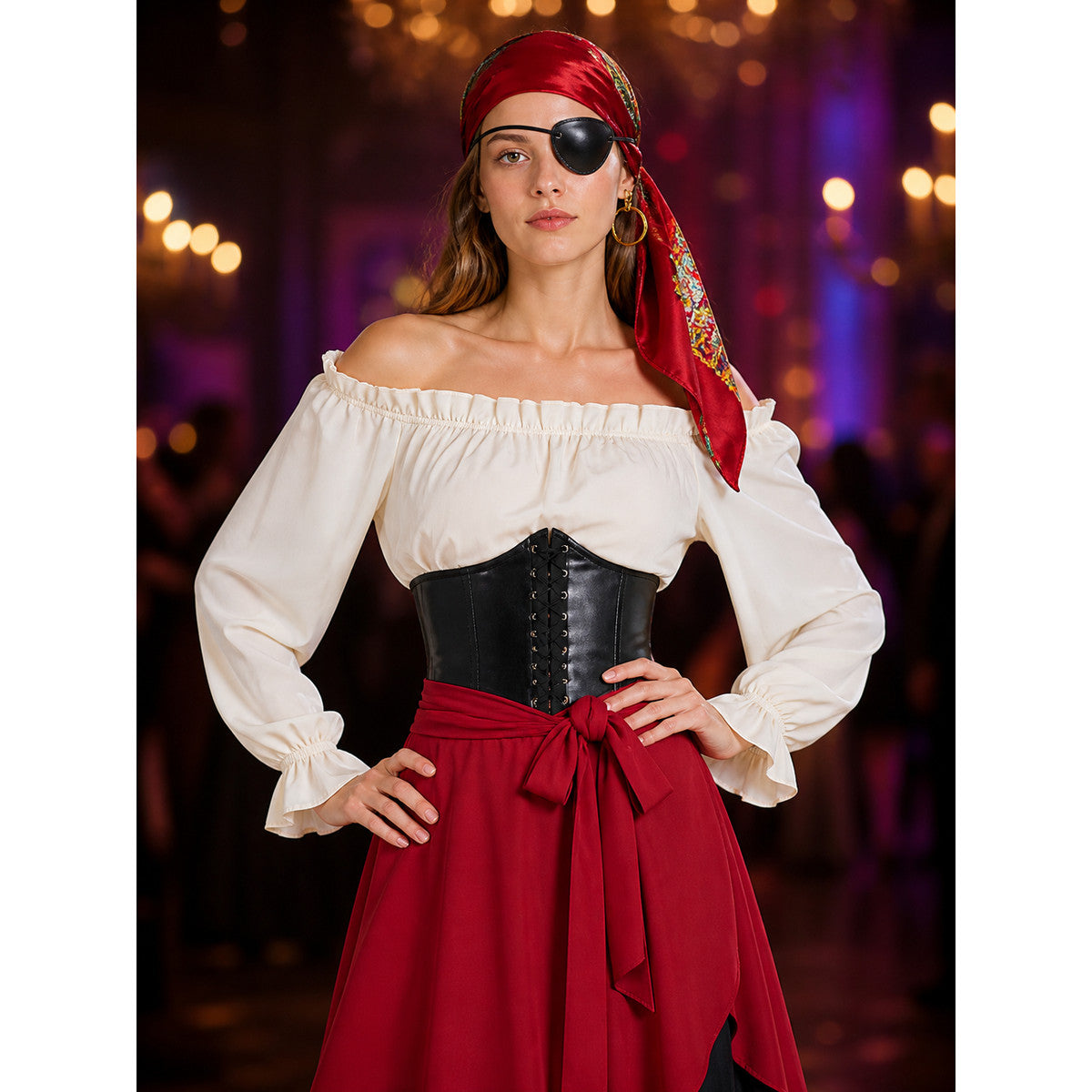 Women's Pirate Halloween Costume Set With Off-Shoulder Top And Asymmetric Red on-model view
