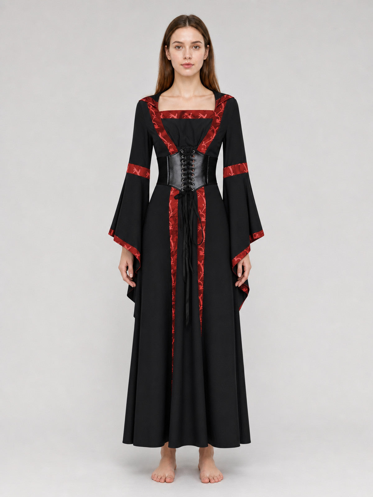 Black Gothic Dress with Hood and Lacing front view