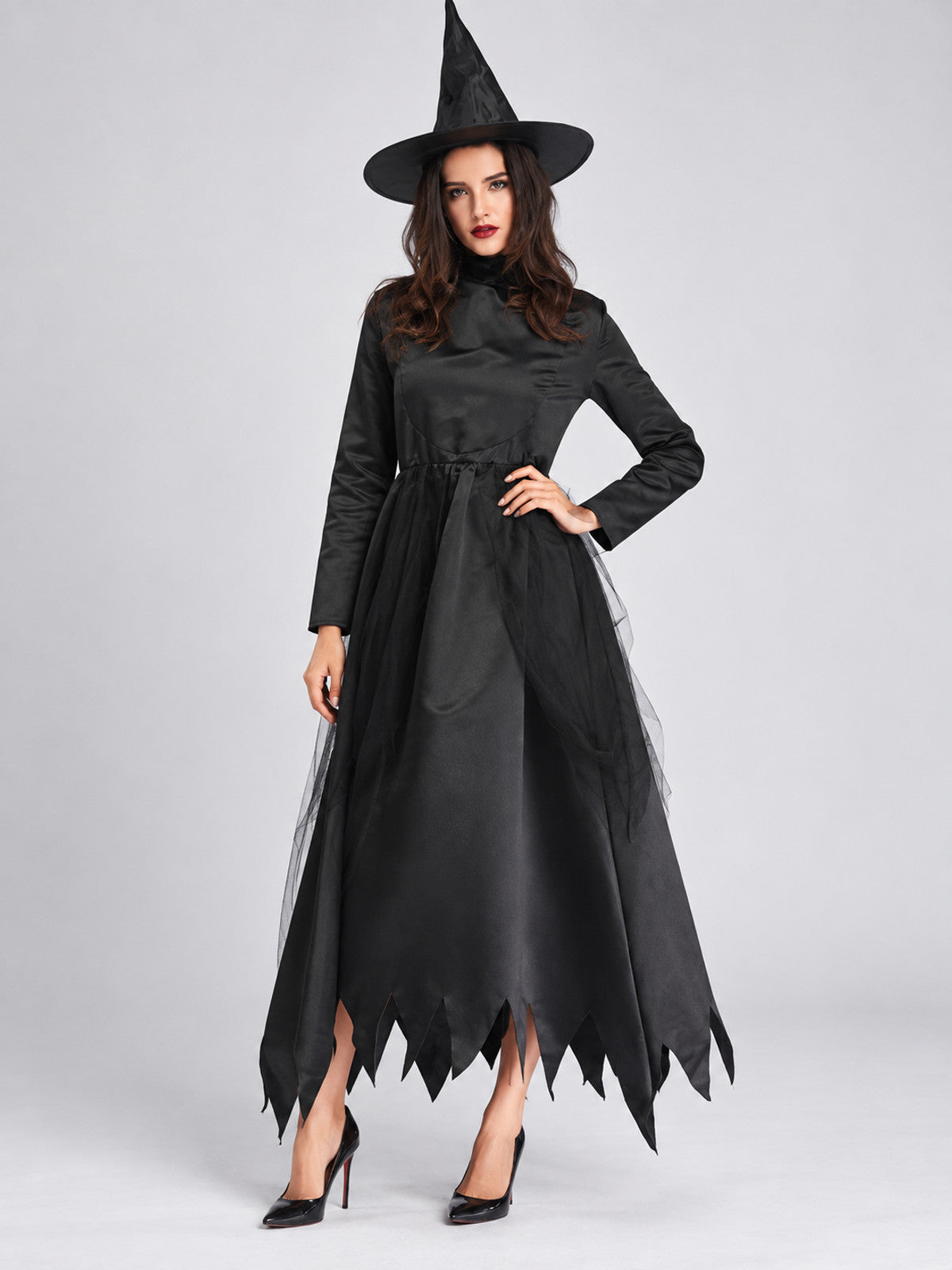 Witch Costume: Black Dress with Ripped Hem and Hat