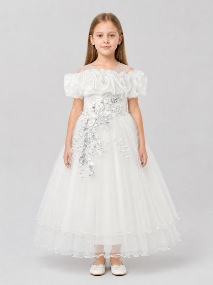 White Princess Dress, Full One-Shoulder Style with Ruffles on-model view