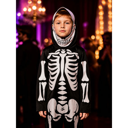 Unisex Skeleton Hooded Jumpsuit Costume with White Bone Print on-model view