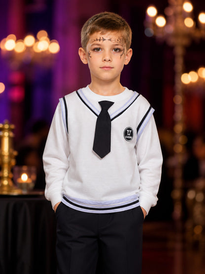 Wizard School Costume Set for Kids, White Sailor Collar Long Sleeve Top & Black on-model view