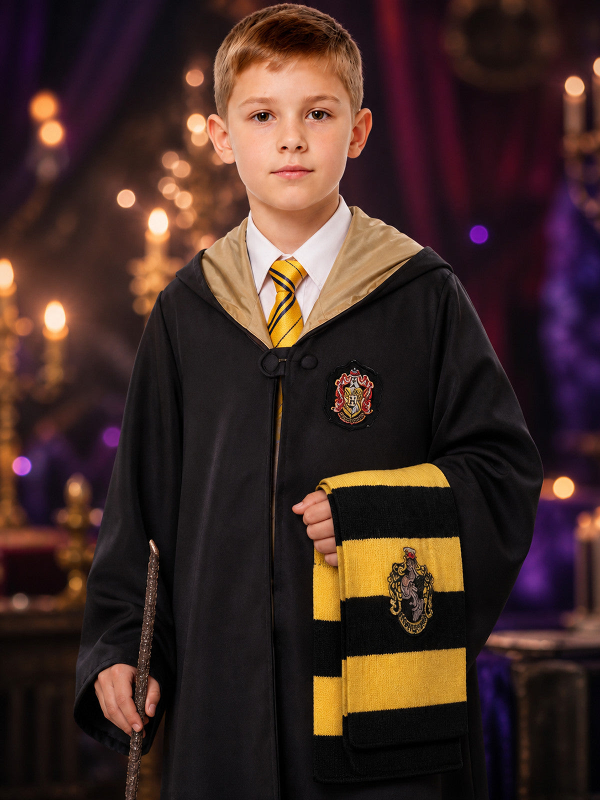 Hufflepuff Wizard Robe Costume Set With Scarf And Tie, Black And Gold Halloween