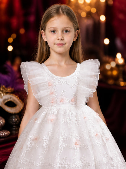 Girls' White Embroidered Tulle Princess Dress With Layered Flutter Sleeves, Ages on-model view