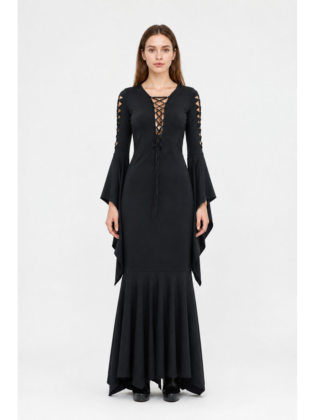 Long Black Gothic Lace-Up Dress main product view