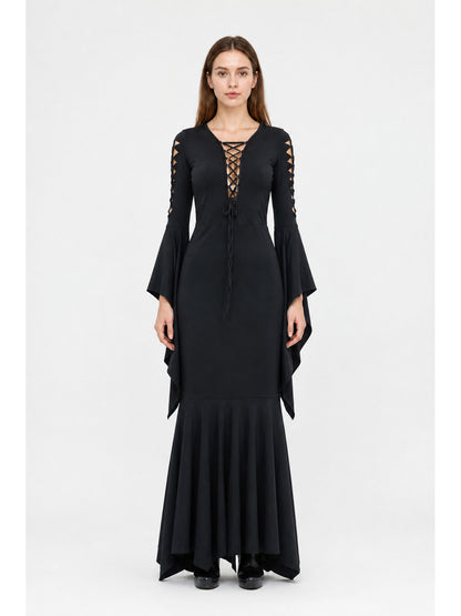 Long Black Gothic Lace-Up Dress main product view