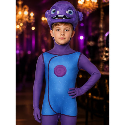 Kids Alien Onesie Costume with Mask, Purple Blue Polka Dot Print Bodysuit for