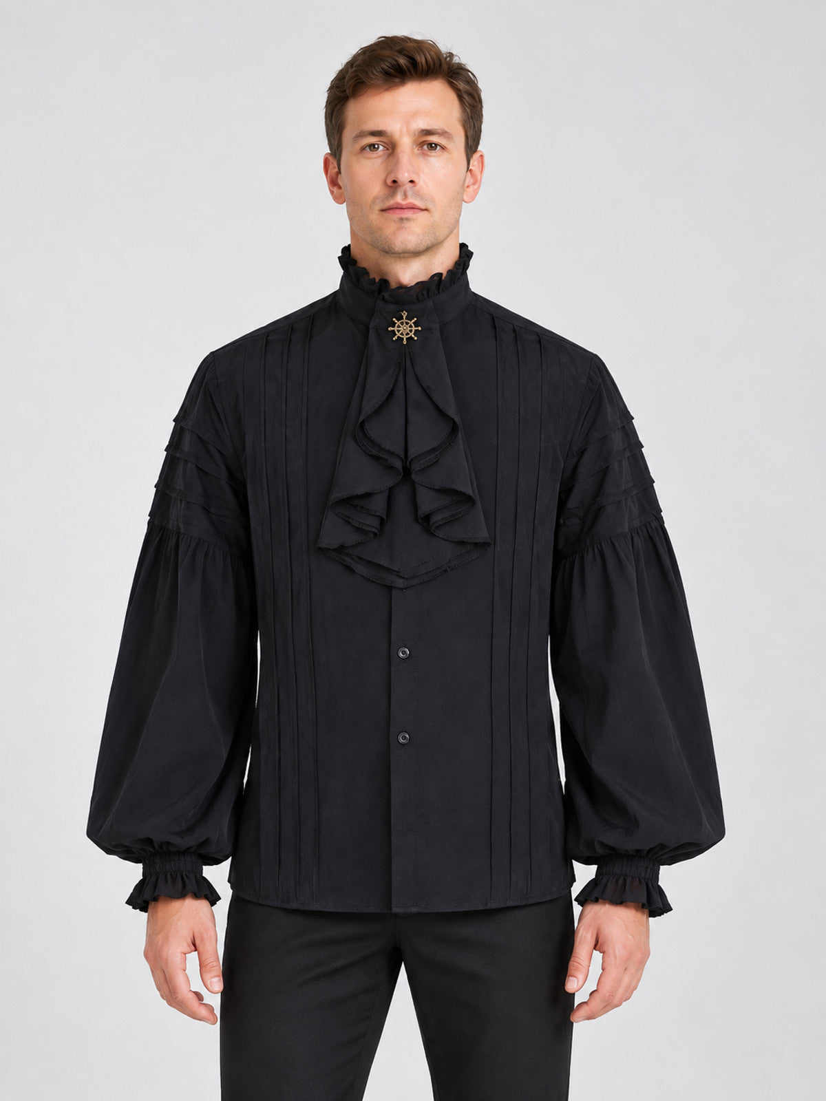 Black Shirt with Ruffles and Star Brooch