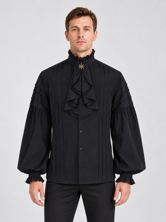 Black Shirt with Ruffles and Star Brooch