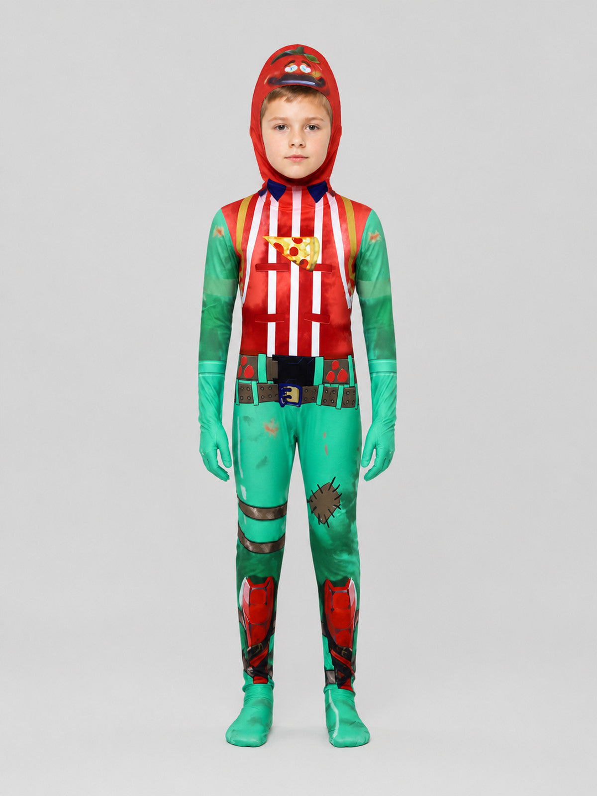 Striped Tomatoide Cosplay Jumpsuit with Headpiece on-model view