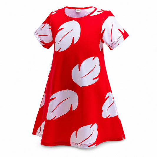 Experiment 626 Lilo Role Play Dress Hawaii Costume Children Red Frock Featured with White Feather Print - Color:dress style A
