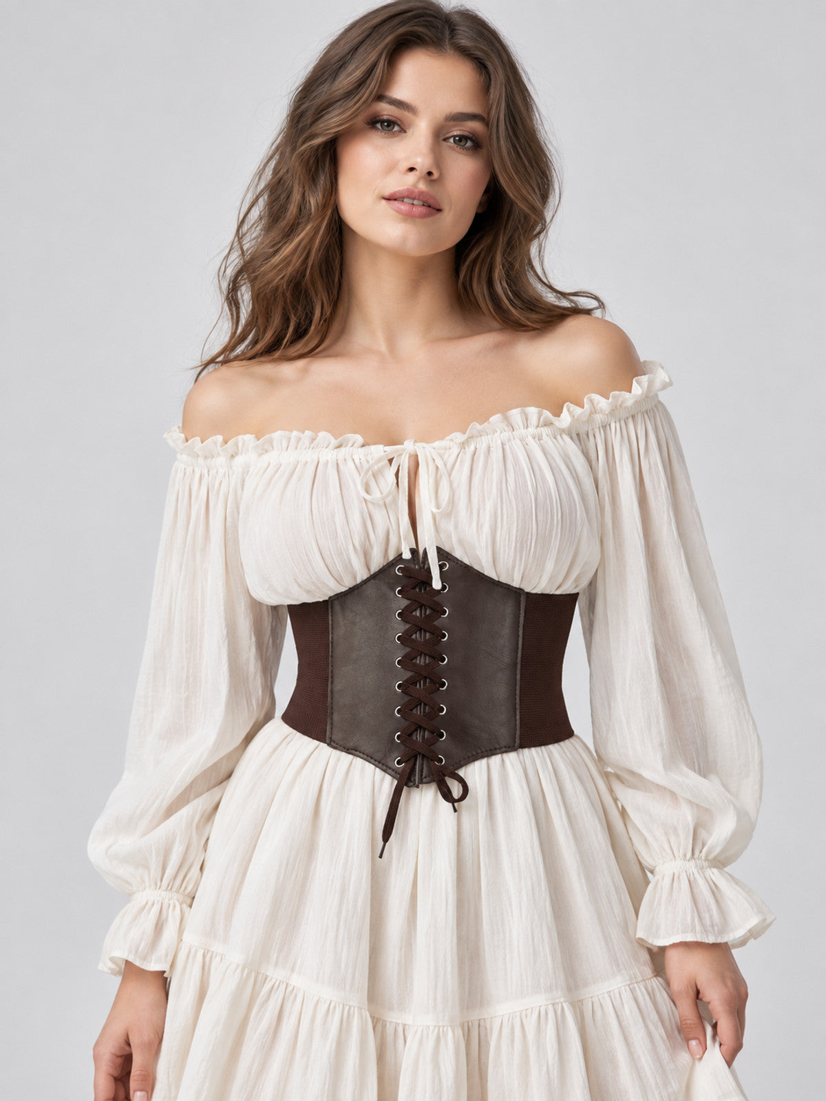 Wide dark brown corset belt with lacing and eyelets