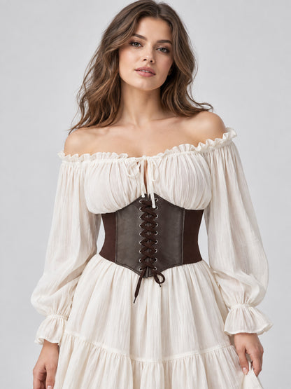 Wide dark brown corset belt with lacing and eyelets