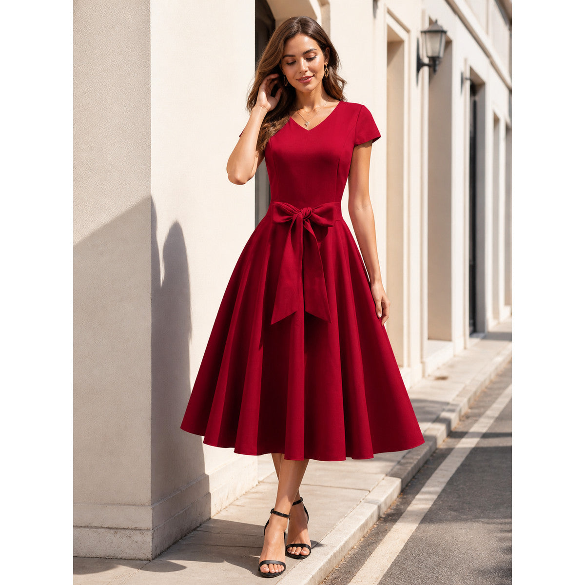Burgundy Dress with a V-Neckline and Bow