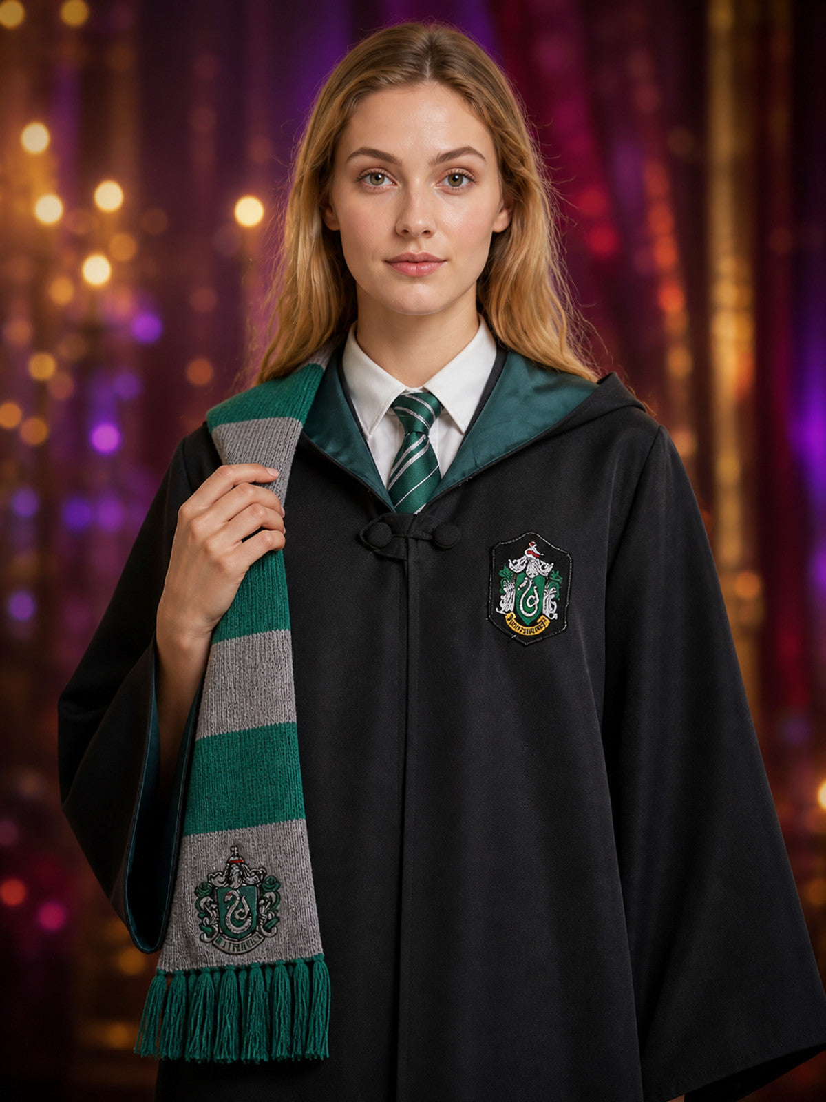 Snake House Wizard Costume Set, Hooded Robe With Striped Tie And Scarf on-model view
