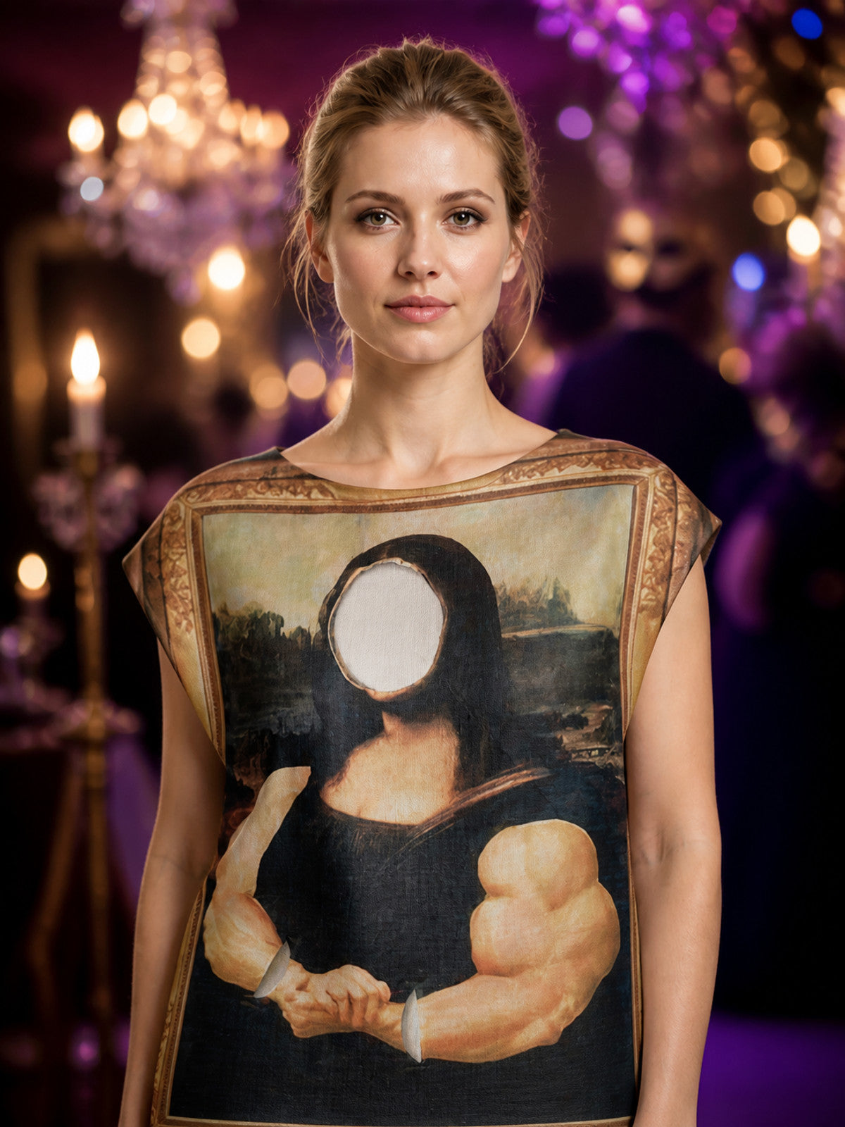 Mona Lisa Muscle Frame Onesie Funny Halloween Costume Jumpsuit on-model view