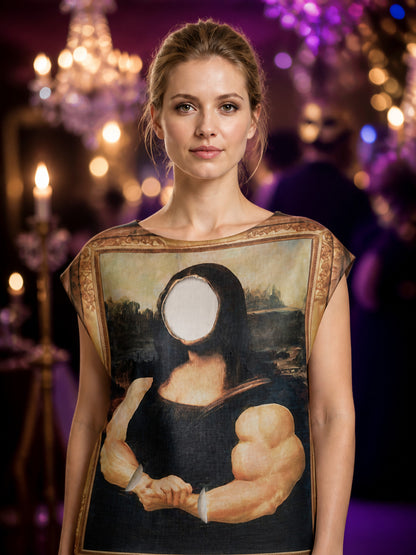 Mona Lisa Muscle Frame Onesie Funny Halloween Costume Jumpsuit on-model view
