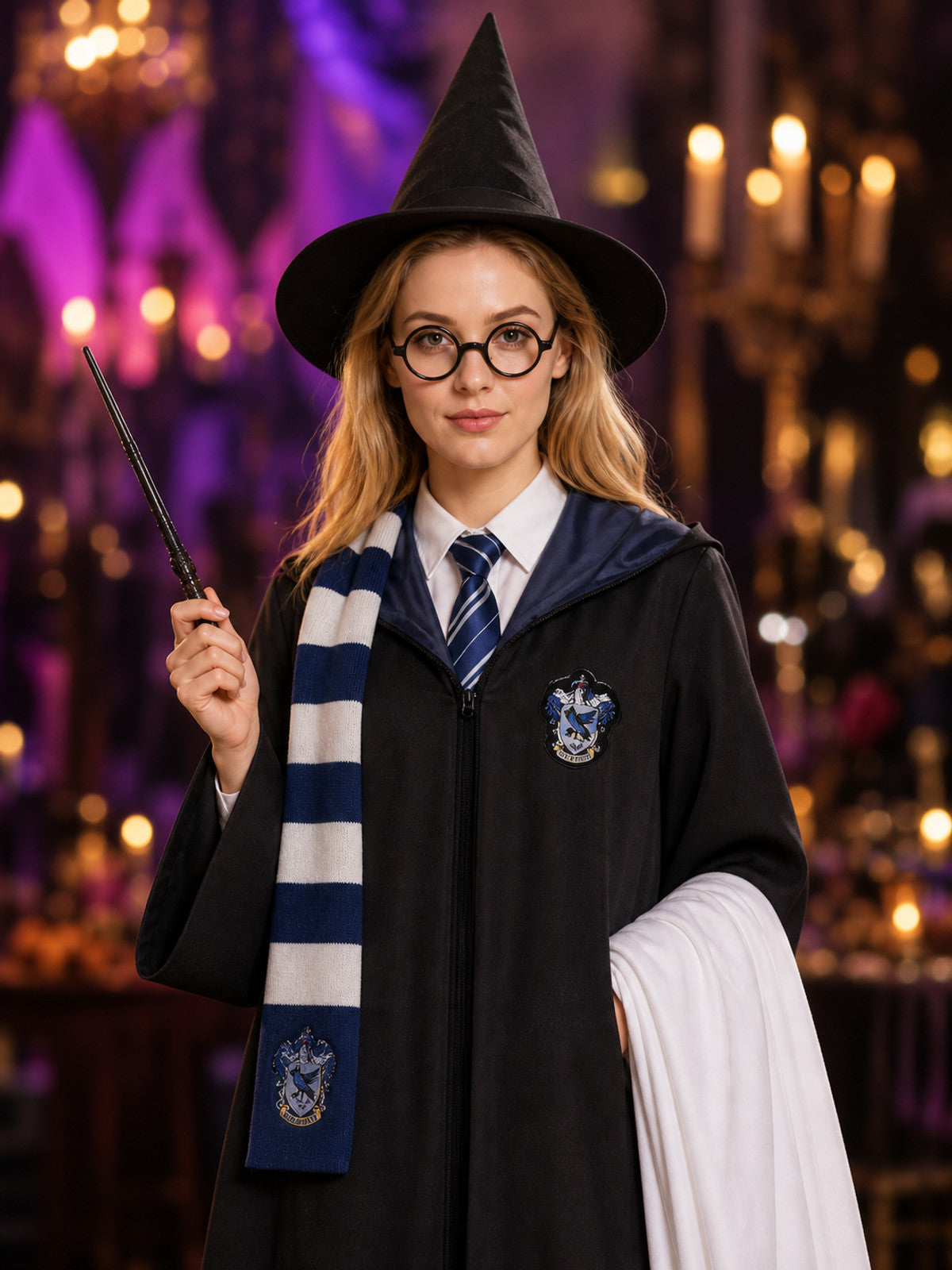 Ravenclaw Wizard Robe Costume Set with Hat, Scarf, Tie and Wand