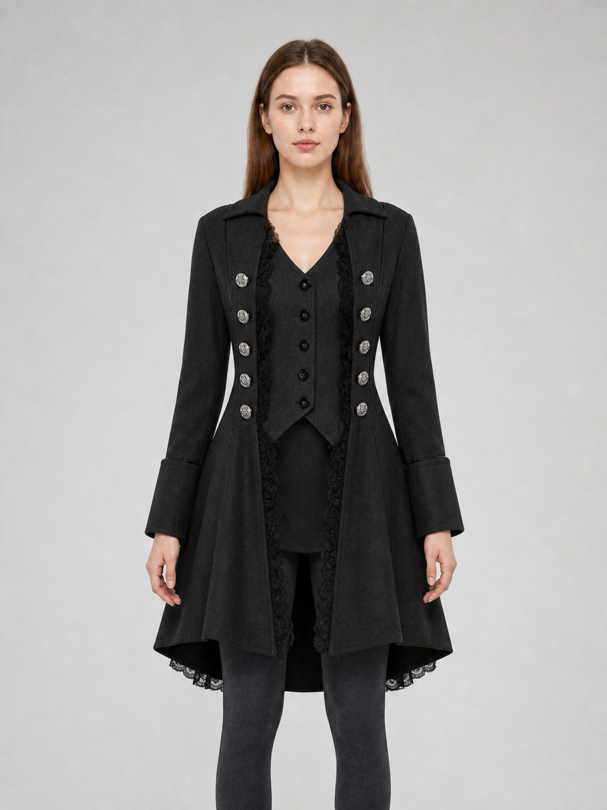 Gothic Long Frock Coat with High Collar front view