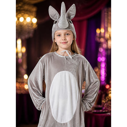 Children's Rhino Animal Costume - Gray Hooded Footed Jumpsuit with White Belly on-model view