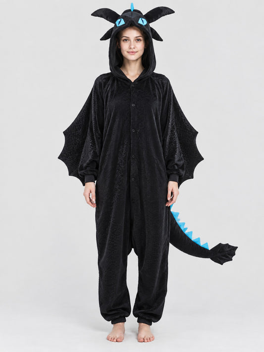 Black Dragon Kigurumi Jumpsuit with Blue Details