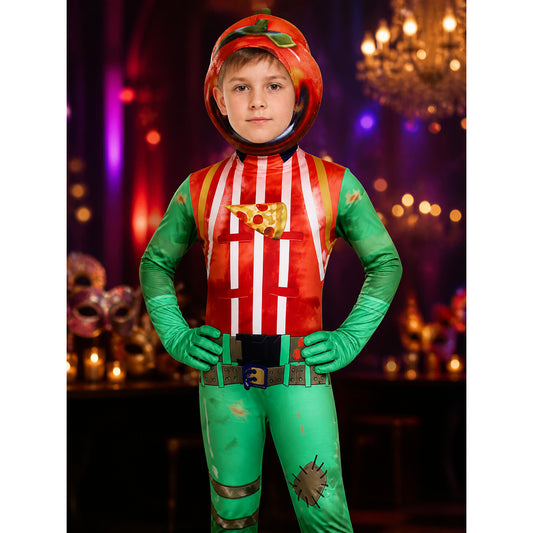 Tomato Striped Onesie Costume with Headpiece and Pizza Print on-model view