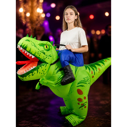 Adult Inflatable Dinosaur Costume, Green Full-Body Outfit With Spikes And Long on-model view