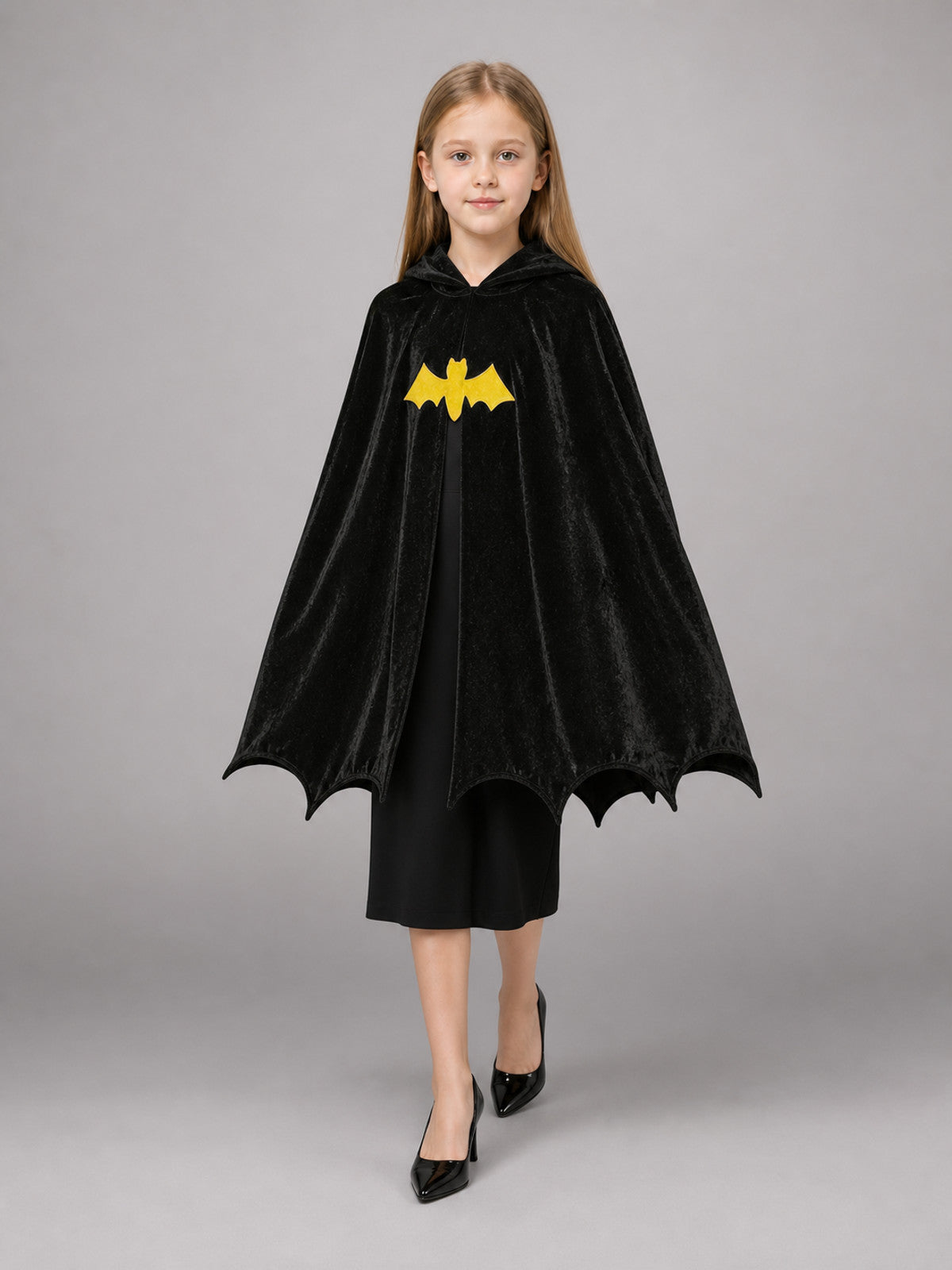 Black Carnival Cape with Hood and Bat Wings front view