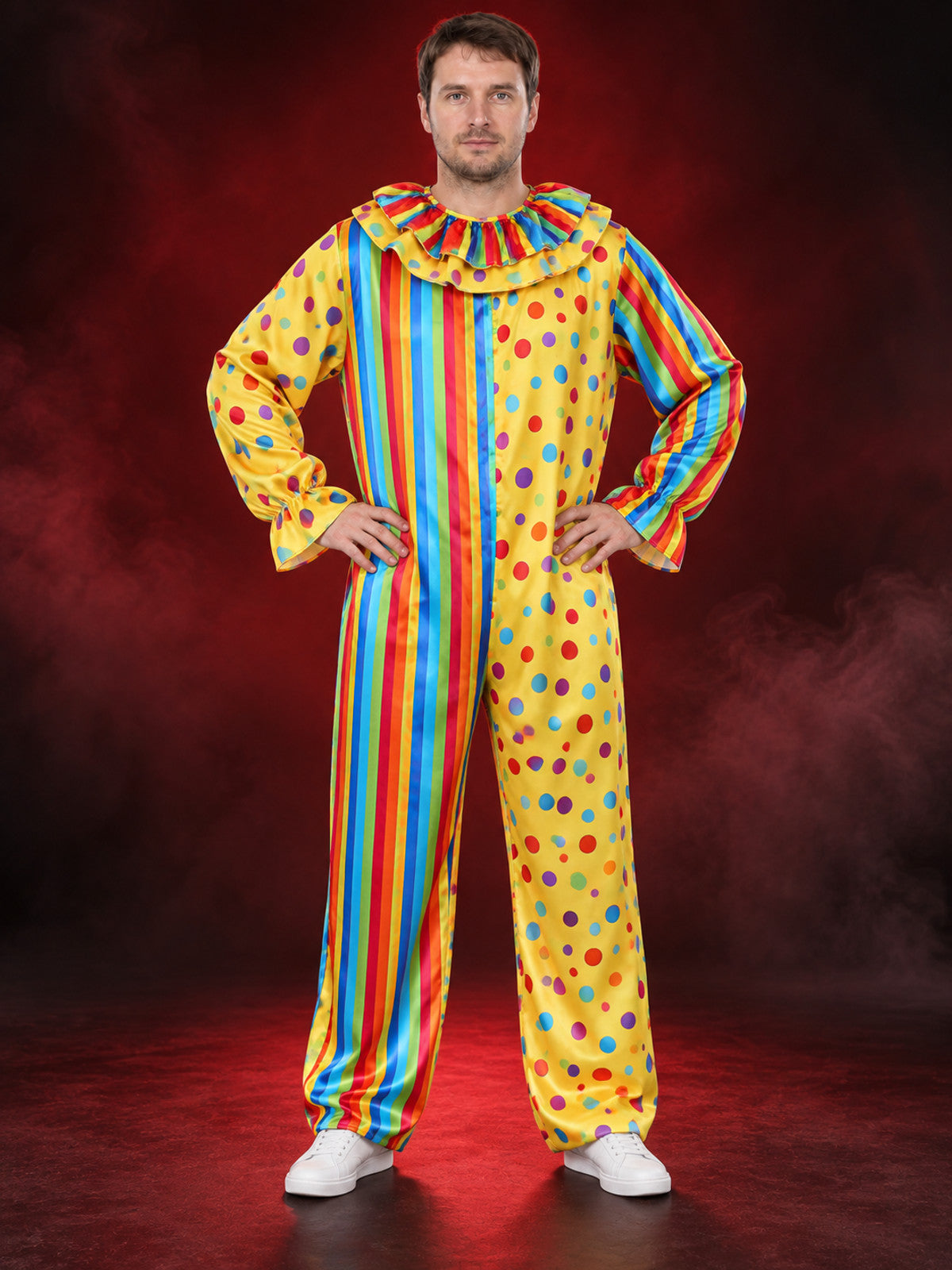 Clown Costume Jumpsuit with Puffy Jabot Collar and Print