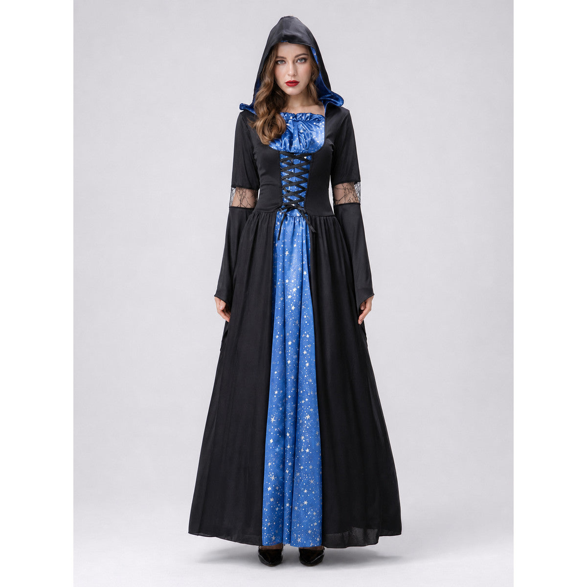 Long Hooded Dress with Stars and Crisscross Lacing
