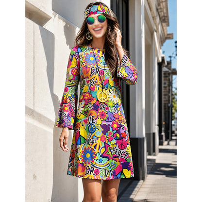 Bright Women's Hippie-Style Printed Dress with Hat