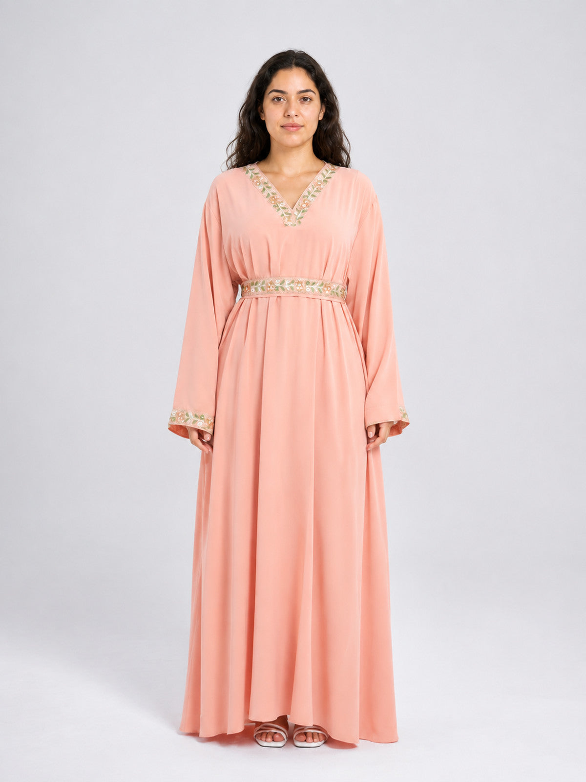 Pink Maxi Dress with Embroidered Trim and Belt on-model view