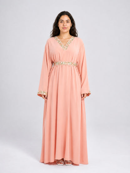 Pink Maxi Dress with Embroidered Trim and Belt on-model view