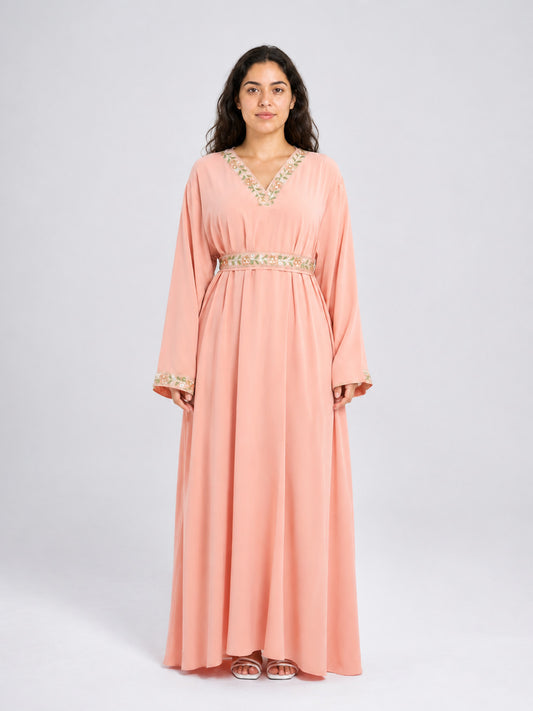Pink Maxi Dress with Embroidered Trim and Belt on-model view
