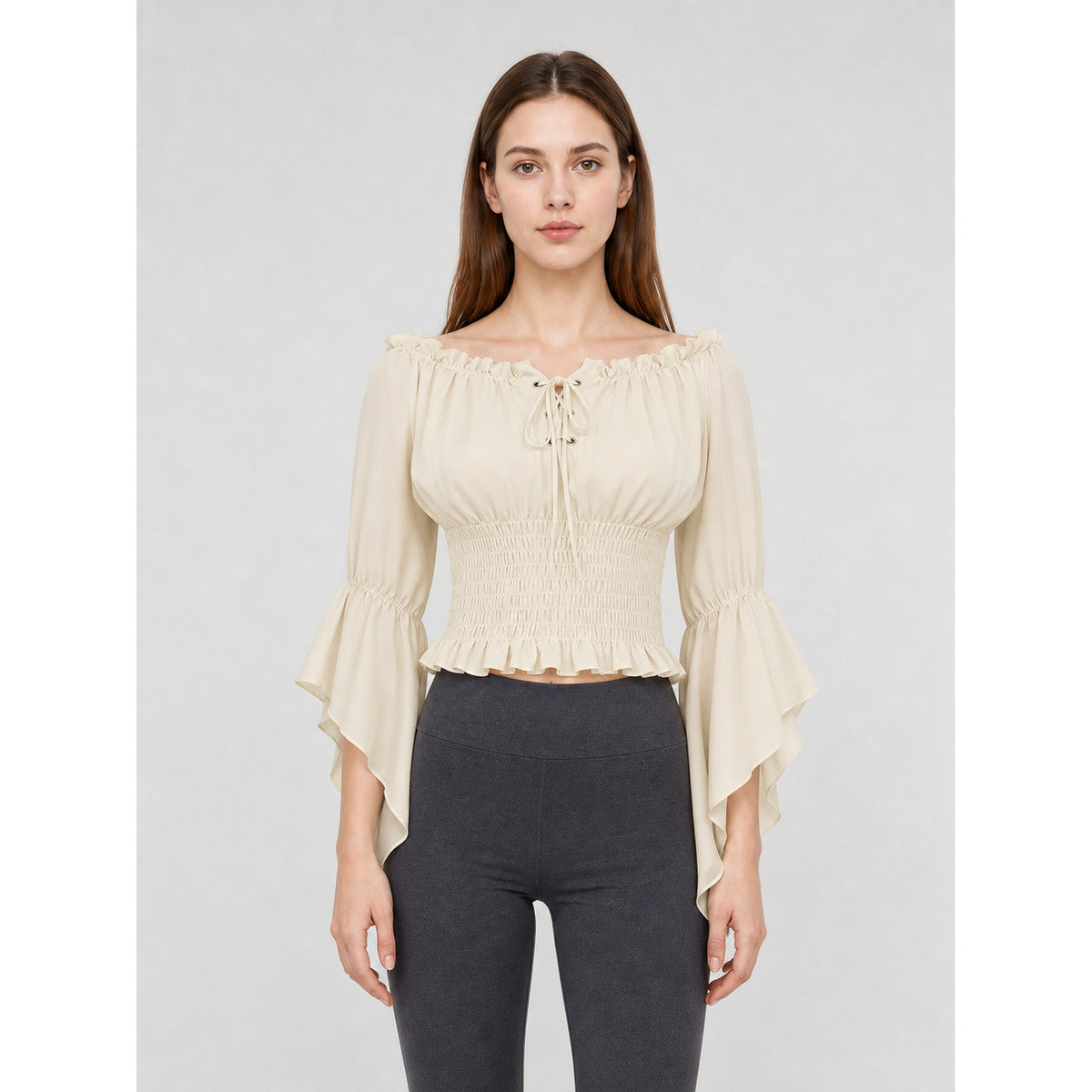 Off-the-Shoulder Lace-Up Blouse, Beige