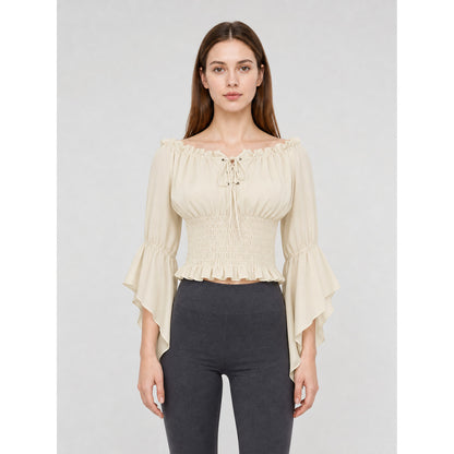 Off-the-Shoulder Lace-Up Blouse, Beige