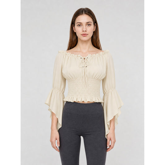 Off-the-Shoulder Lace-Up Blouse, Beige