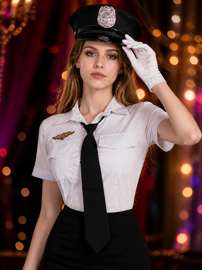 Police Officer Costume Set with White Shirt, Black Skirt, and Hat on-model view