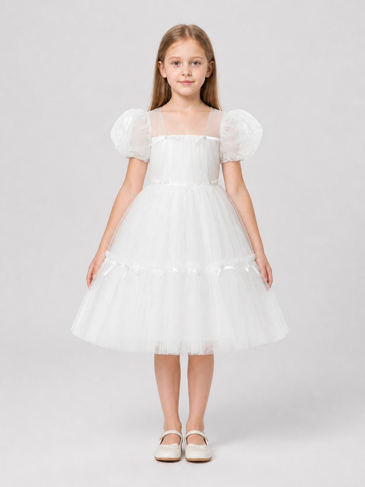 White Princess Dress with a Full Skirt and Bows on-model view