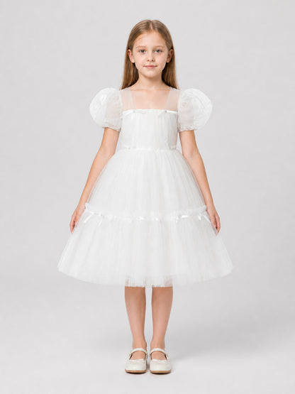 White Princess Dress with a Full Skirt and Bows on-model view