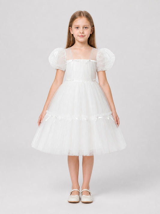 White Princess Dress with a Full Skirt and Bows on-model view