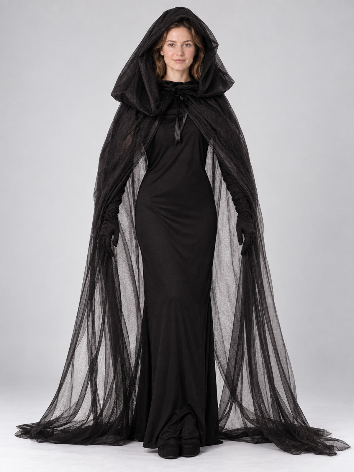 Black vampire carnival costume with cape and hood