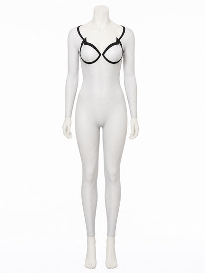 Men's Spider Superhero Bodysuit Costume, Black and White Mesh-Pattern Eye on-model view