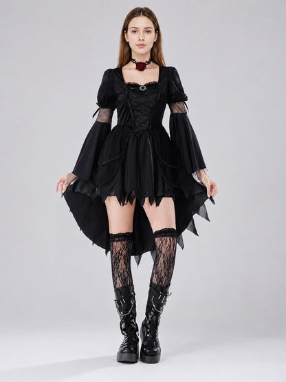 Witch Costume with Black Dress, Choker, and Fishnet Stockings on-model view