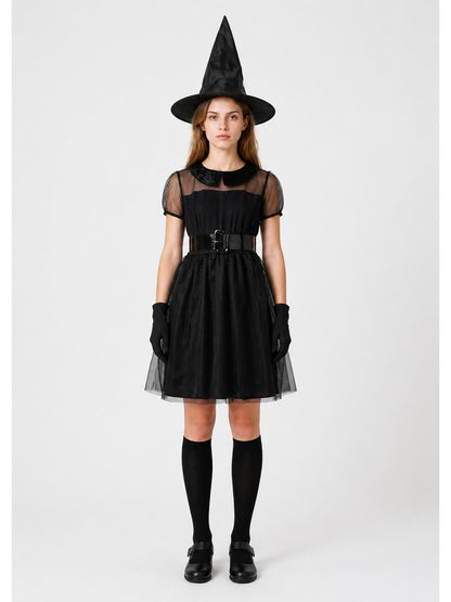 Children's black witch costume with a mesh skirt main product view