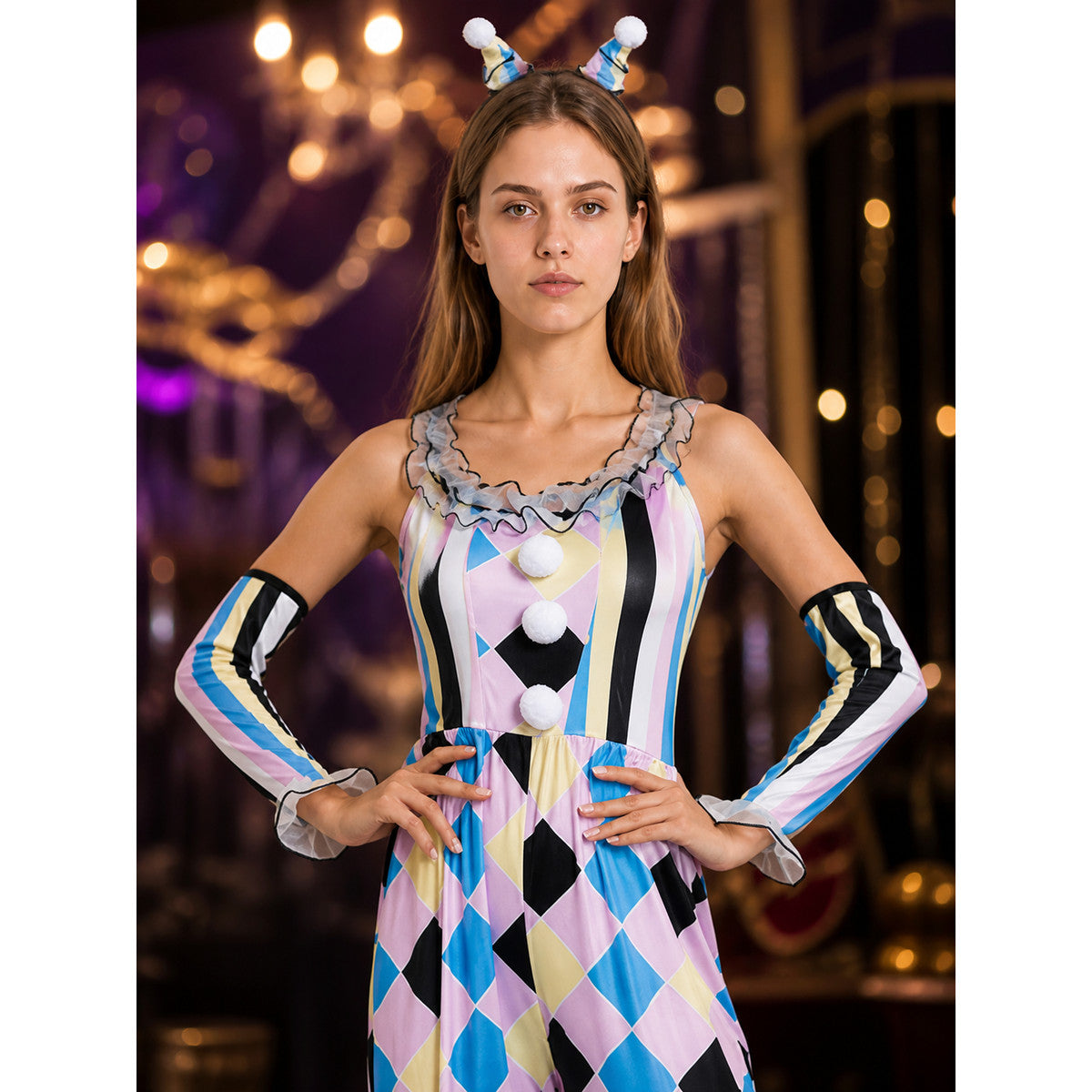 Colorful Diamond Pattern Clown Jumpsuit Costume for Halloween on-model view