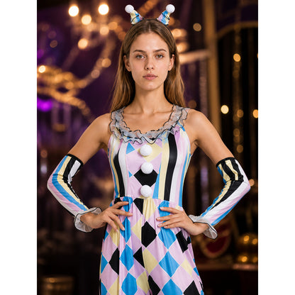 Colorful Diamond Pattern Clown Jumpsuit Costume for Halloween on-model view